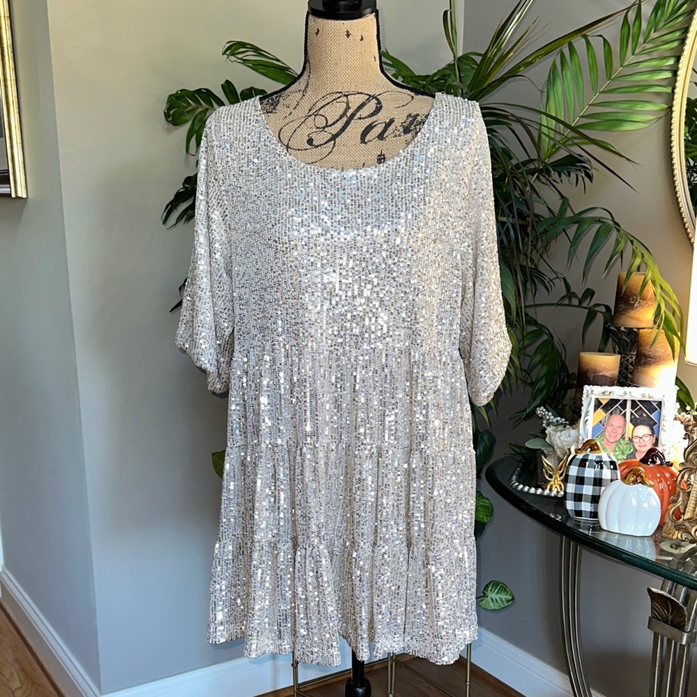 By Together Sparkling Silver Babydoll Mini Dress
